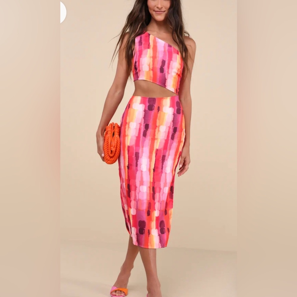 NWT: Lulus one shoulder abstract colorful midi dress.